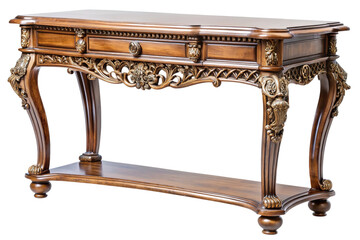 Ornate antique wooden console table with carved details and marble top isolated on transparent background