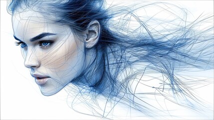 A digitally created portrait of a woman in profile, rendered with blue lines and soft lighting, creating an abstract and artistic effect.