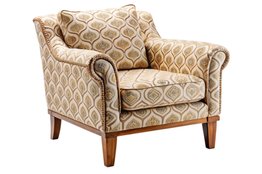 Elegant upholstered armchair with intricate geometric pattern and wooden legs isolated on transparent background