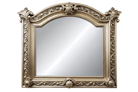 Ornate antique gold carved mirror with an arched top and decorative details isolated on transparent background