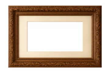 Ornate antique wooden picture frame with carved details and passe-partout on transparent background, empty design element