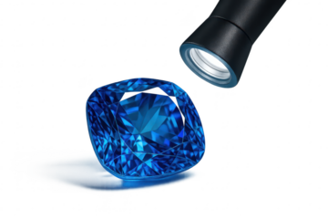 Blue sapphire gemstone under a jeweler's loupe, isolated on transparent background