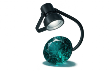 Teal gemstone illuminated by spotlight, isolated on transparent background