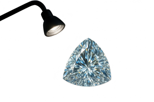 Brilliant trillion cut diamond, illuminated by lamp, transparent background. - Powered by Adobe
