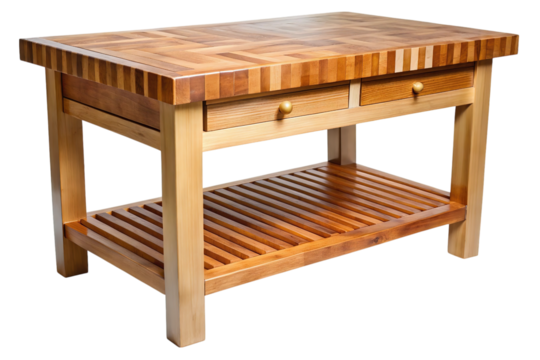 Rustic wooden butcher block kitchen island with two drawers and lower shelf isolated on transparent background