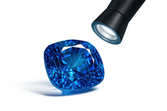 Blue sapphire gemstone under a jeweler's loupe, isolated on transparent background