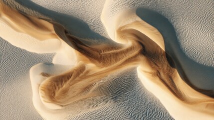 Abstract aerial view of smooth sand waves in desert landscape highlighting natural patterns and textures of shifting dunes