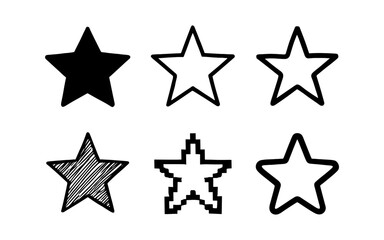 Fototapeta premium Diverse star icons collection: solid, outline, sketch, pixel, and more