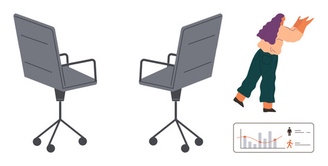 Fototapeta premium Two office chairs, a person walking with items in hand, and a bar graph. Ideal for workplace culture, productivity, mobility, staff turnover, business analytics leadership teamwork. Simple flat
