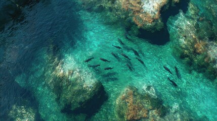 Obraz premium Underwater Scene with Clear Blue Water and Group of Fish Swimming Among Rocky Coral Reefs in Vibrant Nature
