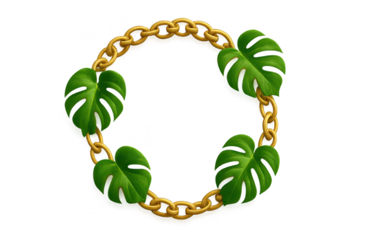 Golden chain circular frame with green Monstera leaves, isolated on transparent background.