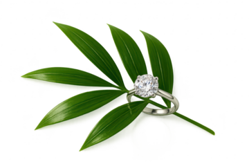 Stunning diamond solitaire engagement ring on green leaves, cut-out subject