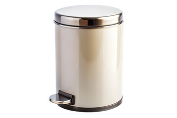 A sleek modern beige pedal bin with a brushed metal lid and foot pedal isolated on transparent background