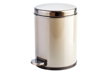 A sleek modern beige pedal bin with a brushed metal lid and foot pedal isolated on transparent background