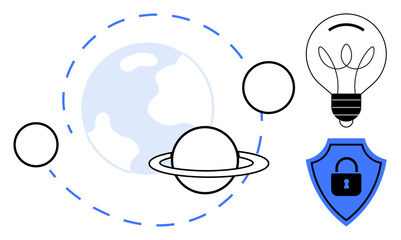 Digital innovation, cybersecurity, knowledge sharing, planetary science, global connectivity, secure ideas. Planet and Saturn orbiting, shield with lock and light bulb icon. Innovation © robu_s