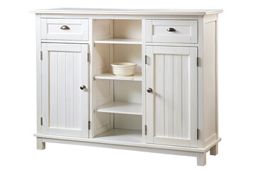 Classic white wooden cabinet with two doors and three shelves isolated on transparent background