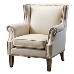 Elegant upholstered wingback armchair with ornate patterned fabric isolated on transparent background