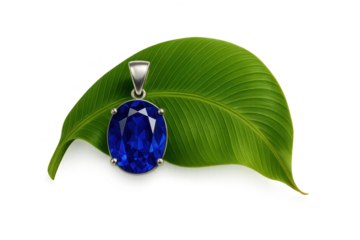 Blue gemstone pendant on green leaf, isolated on transparent background