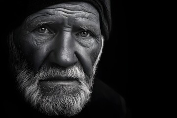 Obraz premium Detailed black and white portrait of a man with a hat and beard looking forward