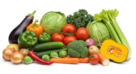 Assortment of vibrant fresh vegetables, piled on a white background