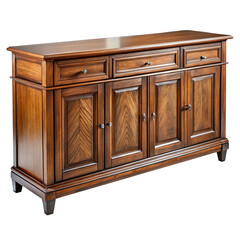 Antique wooden sideboard with multiple drawers and cabinet doors showcasing intricate detailing isolated on transparent background
