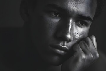 Monochromatic portrait of a thoughtful young man with hand on his face