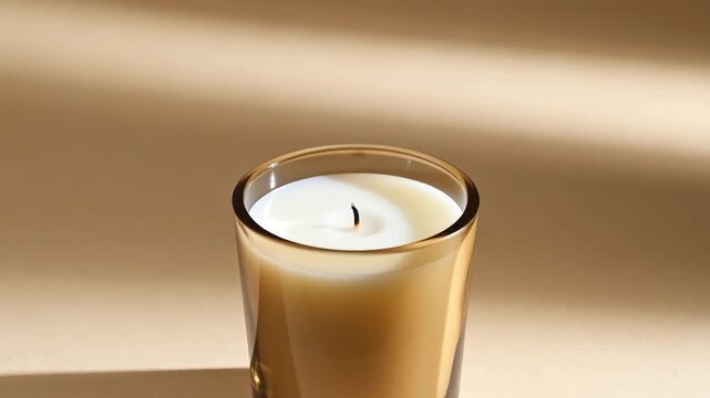 Unlit scented candle in a brown glass jar with soft shadows and golden sunlight stripes