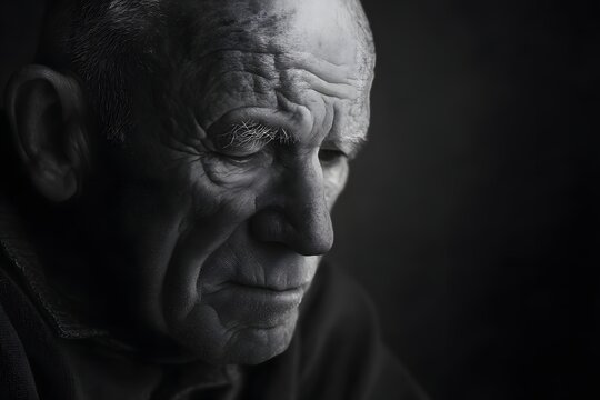 Close up of thoughtful senior man looking down in black and white image