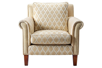 Elegant upholstered armchair with a classic diamond pattern fabric isolated on transparent background