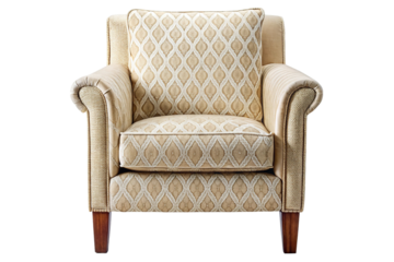 Elegant upholstered armchair with a classic diamond pattern fabric isolated on transparent background