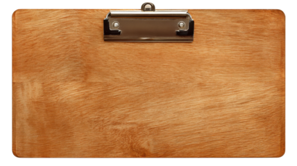 Wooden clipboard blank surface with polished metal clip for notes, presenting an executive office tool, transparent background