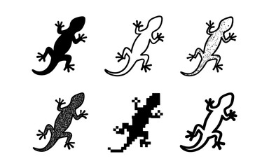 Fototapeta premium Gecko silhouettes and textures in various styles - pixelated, halftone, and solid designs