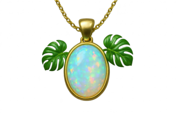 Gold opal pendant, tropical leaves, isolated on transparent background.