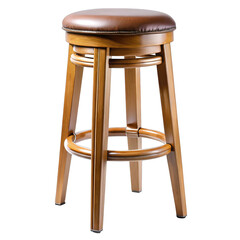 Classic wooden swivel bar stool with padded leather seat isolated on transparent background