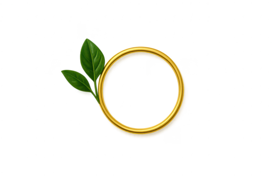 Elegant golden circular frame with fresh green leaves, isolated on transparent background - Powered by Adobe