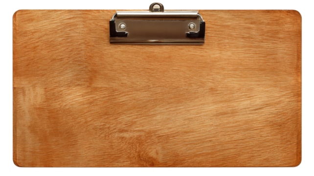 Wooden clipboard blank surface with polished metal clip for notes, presenting an executive office tool, transparent background