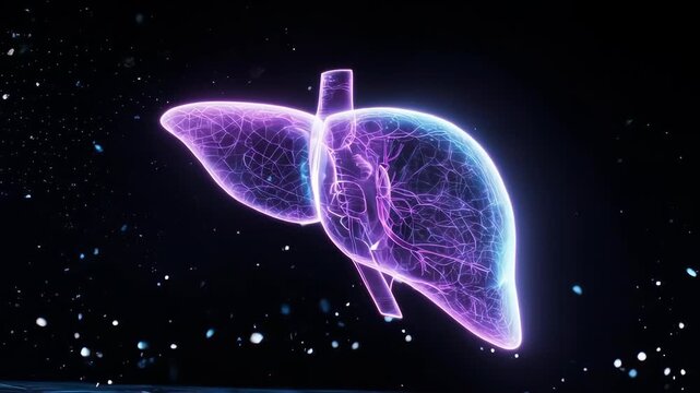A glowing digital rendering of a human liver with intricate internal structures against a dark, cosmic background.