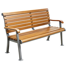 A classic wooden park bench with metal legs and armrests isolated on transparent background