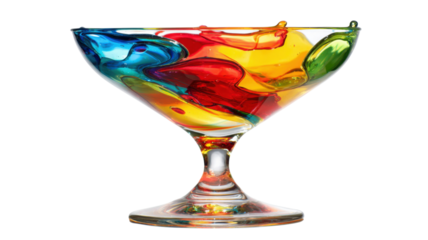 Cocktail glass holding an abstract mix of red, yellow, blue, and green liquids, splashing dynamically. Transparent background