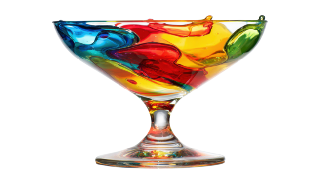 Cocktail glass holding an abstract mix of red, yellow, blue, and green liquids, splashing dynamically. Transparent background