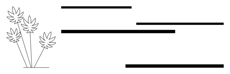 Fototapeta premium Stylized leafy plant on the left alongside clean, parallel black horizontal stripes. Ideal for modern design, nature, layout concepts, spacing, balance, minimalism geometric abstraction. A simple