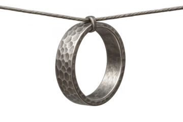 Unique hammered metal ring pendant on a grey rope, isolated on transparent background