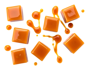 Delicious, shiny amber candies with drips and splatters on black