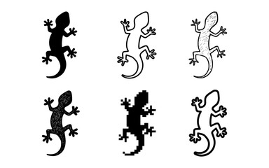 Fototapeta premium Set of six lizard silhouettes in various artistic styles including pixel and sketch