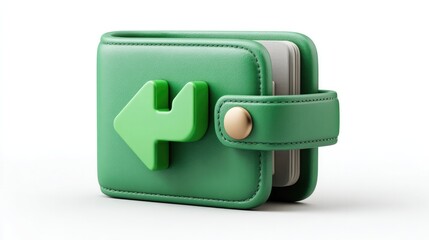 Wallet and arrow: A close-up shot of a 3D green wallet icon featuring an arrow symbol on its surface. This wallet design, with an arrow.