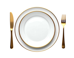 Elegant white dinner plates with gold cutlery on black background