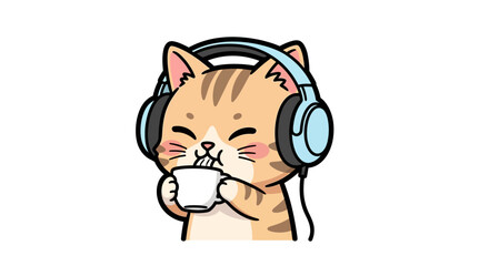 Cartoon cat with headphones enjoying a beverage in a white minimalist background setting