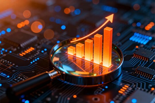Magnifying glass highlighting business growth graph with financial analysis, rising profit, stock increase, investment trend, market performance improvement and AI generative display