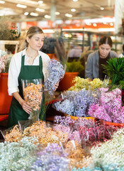 Female employee uses gypsophila flowers to create bouquet. Flower megamarket, potted and cut flowers, gardening ideas, gardening supplies. © JackF