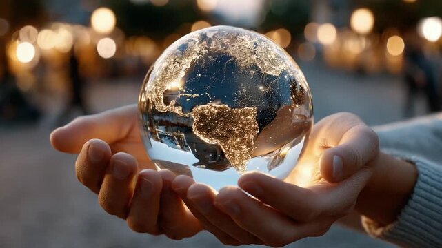 Global Harmony: Tender hands cradling a crystal globe, illuminating the Earth's intricate beauty. A poetic visual that speaks volumes of the human touch. 